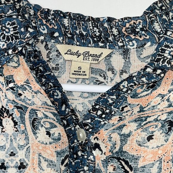 Lucky Brand S Blue & Peach Floral Paisley Midi Dress Short Sleeve Button Front - Picture 5 of 9